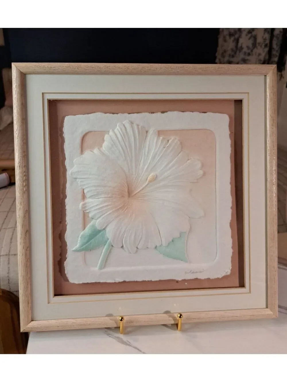 Vintage Framed Hand-Cast Paper Sculpture Hibiscus Artist Signed Wess Smith